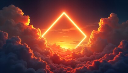 Aufkleber - Fiery orange, yellow neon light illuminates diamond-shaped fluorescent frame in sky above clouds. Vivid colors create futuristic scene. Cloud formations, vibrant hues create abstract illustration.