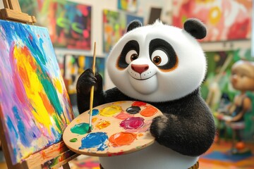 Poster - Panda joyfully painting with a palette and brush in a colorful art studio filled with vibrant artwork. Generative AI