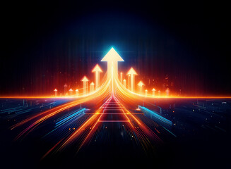 Wall Mural - Glowing arrows converge on a central, larger arrow, symbolizing upward trajectory and converging paths towards success.  The background suggests a technological or digital landscape.