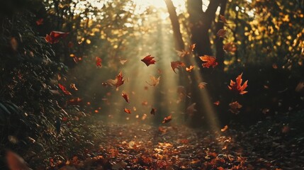 Poster - Colorful autumn leaves swirl in a forest at dusk under warm sunlight filtering through trees. Generative AI