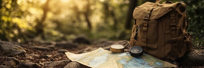 Poster - Exploring nature with a backpack, compass, and map on a forest floor during golden hour. Generative AI