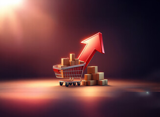 Aufkleber - A shopping cart overflowing with cardboard boxes sits beneath a large, upward-pointing red arrow, illuminated by a dramatic spotlight.  This symbolizes growth in e-commerce and retail sales.