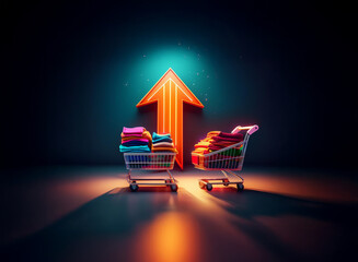 Poster - Two shopping carts overflowing with colorful textiles stand before a glowing upward arrow, symbolizing retail growth and increased consumer spending.