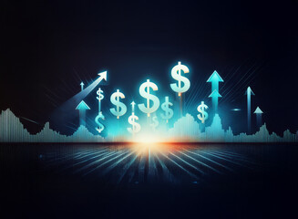 Leinwandbilder - Glowing dollar signs ascend amidst upward trending graphs, symbolizing financial growth and prosperity in a futuristic digital landscape.  A radiant light emanates from the base, highlighting the posi