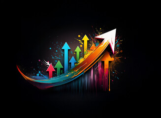 Aufkleber - A vibrant, upward-trending arrow composed of colorful paint splashes against a dark background symbolizes growth and success.