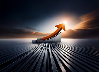 Poster - A vibrant orange arrow ascends above a gray, three-dimensional bar graph, set against a dramatic sunset backdrop.  The arrow symbolizes growth and progress, positioned on a textured metallic plane.