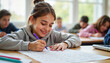© Khelga Volkova - Smiling girl writing in classroom with classmates