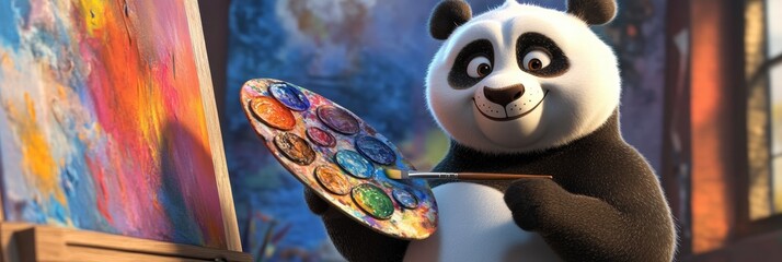 Poster - Panda joyfully painting with a brush and palette in a colorful studio filled with artistic inspiration and creativity. Generative AI