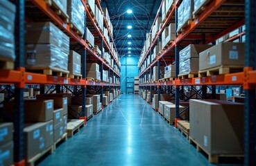Aufkleber - Modern warehouse aisle filled with cardboard boxes on pallets, shelves. Network lines connect shelves, pallets creating digital tech. Efficient storage, distribution system. Future of logistics,