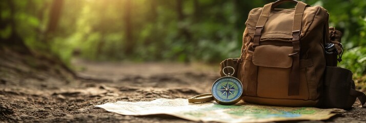 Fototapete - Enjoying a peaceful moment in the forest with a backpack, compass, and map during a sunny day. Generative AI