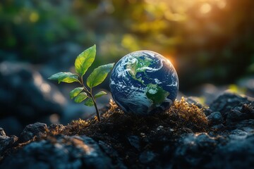 Wall Mural - environmental conservation digital art featuring planet earth embraced by growing tree branches symb