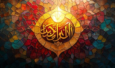 Canvas Print - Islamic calligraphy mosaic art, glowing light, religious background, spiritual design