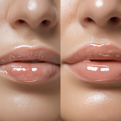 Wall Mural - The before and after lip plumping photo of an attractive woman's lips, with one side showing natural fullness and the other side having an extreme lipstick application