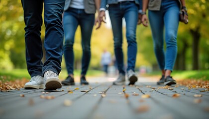 Group of business colleagues walking outdoors. Team members stroll along park path enjoying refreshing break from work. Casual attire, natural setting encourage relaxed, collaborative atmosphere.