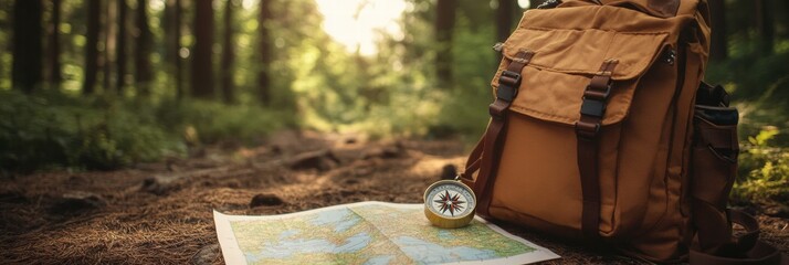 Fototapete - Exploring nature with a compass and map beside a backpack in a lush forest at golden hour. Generative AI