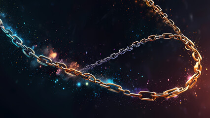 Wall Mural - An abstract digital illustration where chains disintegrate into tiny glowing particles, transitioning from solid metal links into a galaxy-like background filled with shimmering stars and cosmic swirl