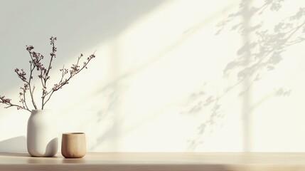 Poster - Sunlight illuminates a minimalist kitchen counter featuring a white vase with decorative branches, a wooden container, and intriguing shadows cast on the wall, creating a serene atmosphere