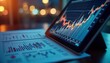 © miss irine - Digital financial graph on tablet displays business growth analysis. Printed quarterly reports alongside. Comparative analysis clear. Modern financial tech. Business trends. Growth projections