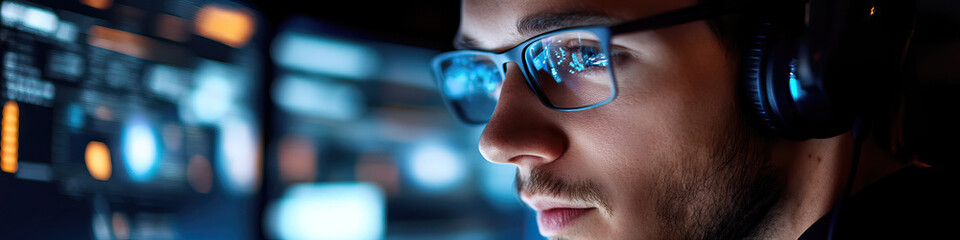 Man with Headphones and Glasses Viewing Computer Screen Data