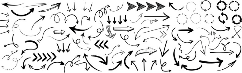 Wall Mural - hand drawn arrow set featuring curved, straight, dotted, and swirled arrows design, arrow vector for