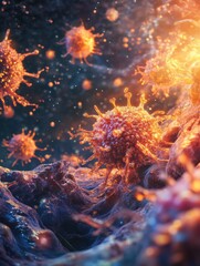 Fototapete - Glowing cancer cells showcase cellular behavior in a microscopic environment. Generative AI