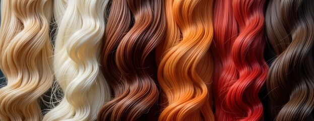 Closeup view of different hair colors. Colorful wavy hair textures in various shades of blonde, red, brown, orange. Collection of hair highlights, color samples. Haircare, styling concepts. Healthy