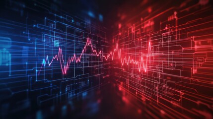 Abstract digital technology background with red glowing lines and data