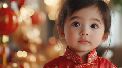 Wall Mural - Little One's Gaze: A captivating close-up of a young girl in a traditional red dress, with a hint of wonder and curiosity in her big brown eyes.