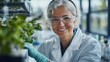 © SSTC AI Photo&Video - Smiling Female Scientist: A friendly, mature female scientist smiles warmly while working with plants in a modern laboratory setting. Her expression conveys confidence, expertise.