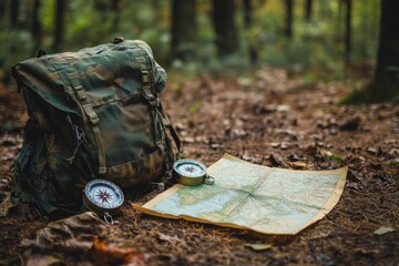 Fototapete - Exploring nature with essential gear including backpack, compass, and map in a serene forest setting. Generative AI