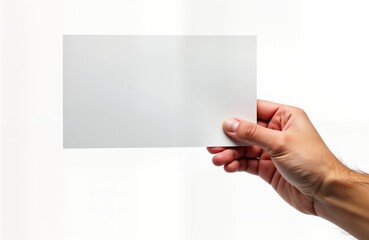 Poster - Hand holds blank white paper. Empty sheet of paper is held in a hand. Isolated shot on plain white background. Simple presentation. Useful for business, advertising, or design purposes.