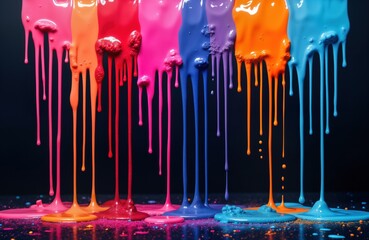 Aufkleber - Colorful paint drips cascade down dark backdrop. Vibrant colors like blue purple orange, red create dynamic patterns. Fluid paint drips in various shades form abstract design. Liquid paint streams in