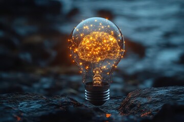 Wall Mural - futuristic artificial intelligence concept visualization with illuminated digital brain network inside glowing lightbulb
