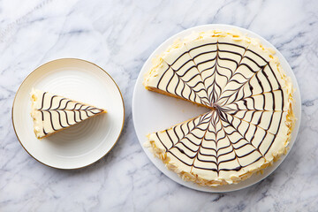 Wall Mural - Traditional Hungarian Esterhazy cake on a white plate. Marble background. Close up. Top view.