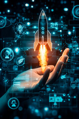 Wall Mural - Startup, hand shows a rocket and icons 