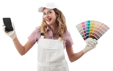 Wall Mural - Happy Woman in painters overalls showing phone and paint samples for online shopping and choose of colors and products to painting home walls and renovate house, holding color swatches of paint store