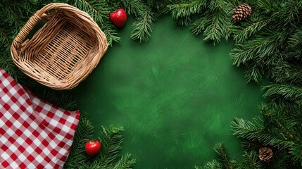 Wall Mural - Festive holiday background with pine branches and basket