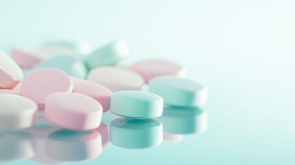 Softly lit close-up of pink and white pills scattered on a reflective surface with a pastel background and glowing bokeh.