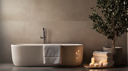 Poster - Serene bathroom oasis with modern bathtub and candles