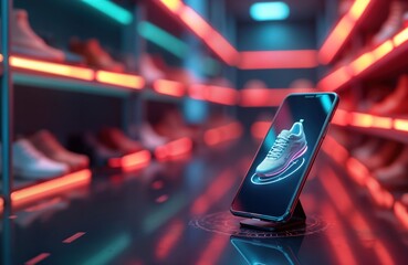 Poster - Futuristic mobile shoe shopping experience. Digital display on phone shows 3D shoe model. Modern online retail tech. Customer buy shoe using app. Convenient shopping experience. New era of