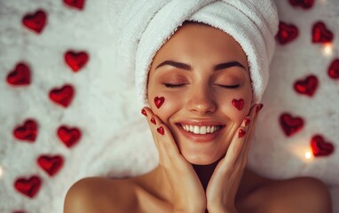 Wall Mural - A smiling woman receiving a manicure in a spa setting adorned with Valentineâ???s hearts for Saint Valentines Day