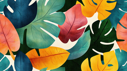 Poster - Seamless pattern, A vibrant pastel-toned background featuring tropical leaves, ideal for summer themes, designs, or nature-related projects in high fidelity quality.