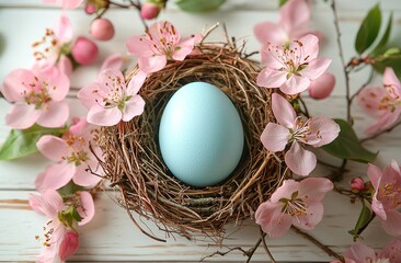 An Easter egg, painted with a rustic style, sits in a nest on a white table