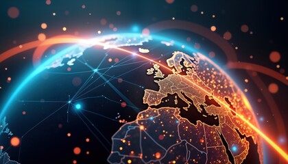 Fototapete - Global data transmission tech shown abstractly. Globe with glowing connections across world. Fast data transfer. Futuristic tech. Cyber network. High speed. Dynamic illustration. Modern