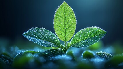 Wall Mural - Close-up of a vibrant green sprout with dew drops, emerging from the earth.