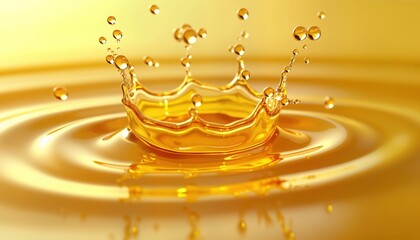 Aufkleber - Golden liquid oil splash creates ripples, droplets. Close-up view shows dynamic liquid motion. Smooth texture of fresh oil. Healthy, organic food cosmetic product. Abstract background of golden color
