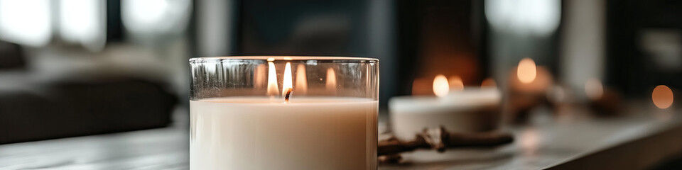 Wall Mural - Lit Candle in Glass Container with Blurred Background