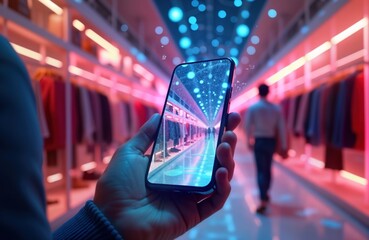 Poster - Person holds smartphone showing futuristic online shopping experience. Virtual apparel store displayed on screen. Digital payment tech from mobile device. Customer views virtual fashion items in