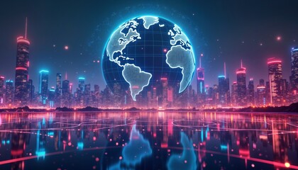 Wall Mural - futuristic city skyline reflects in water. global network connects global cities. digital earth grap