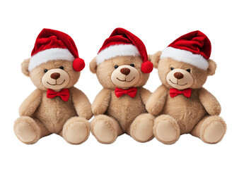 Three cute teddy bears wearing Christmas hats, sitting down on a transparent background 